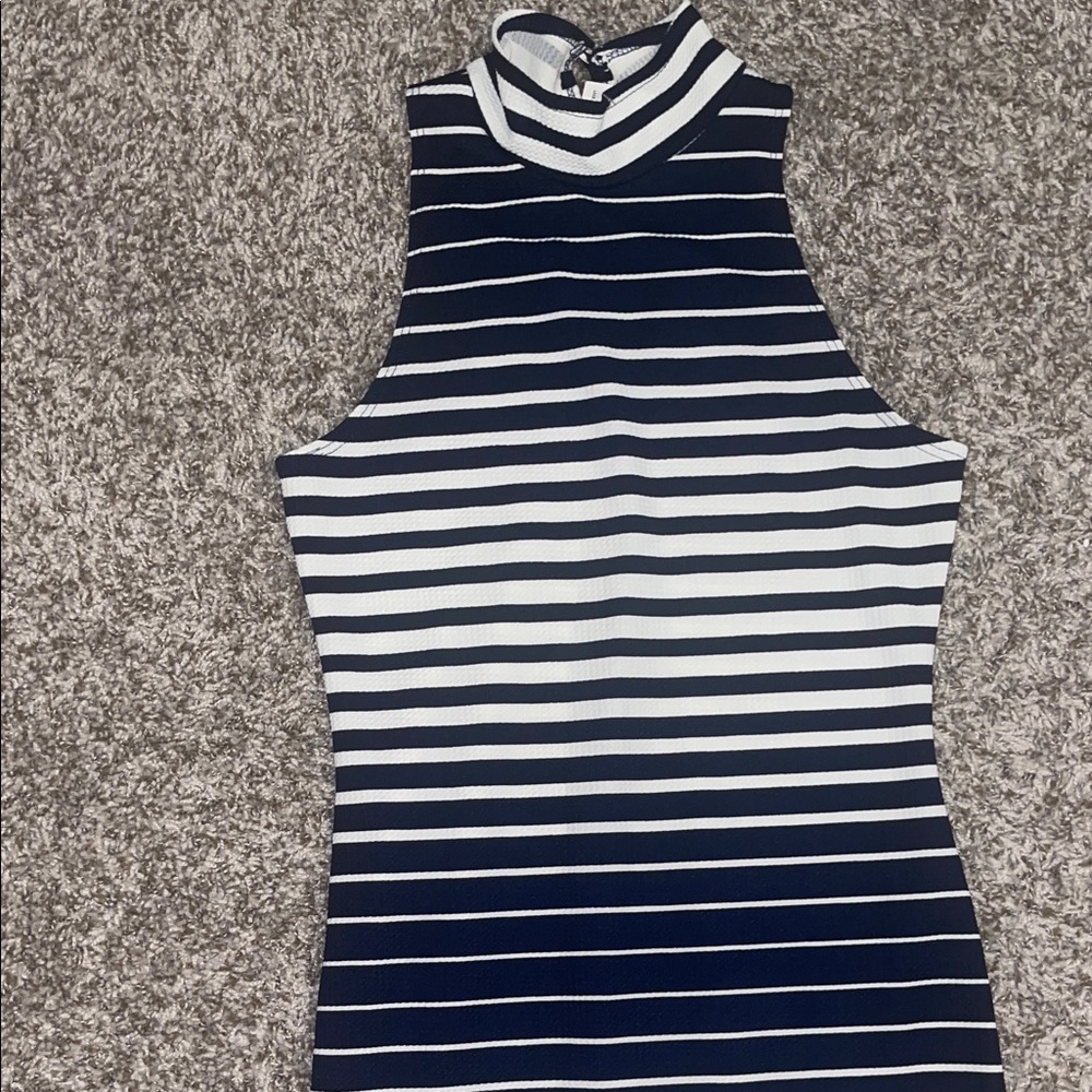 Striped Sleeveless Dress - navy blue and white keyhole